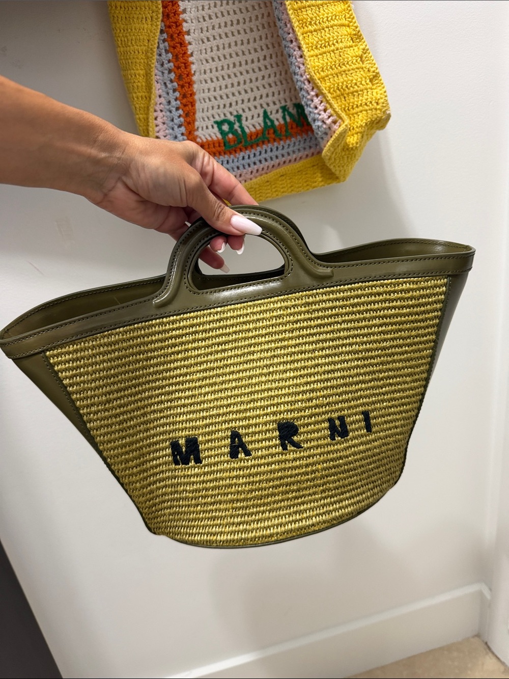 Marni large Olive Straw Tote with Black Logo